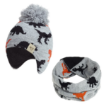 Grey children's dinosaur hat and scarf set with pompom and orange and black motifs