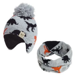 Grey children's dinosaur hat and scarf set with pompom and orange and black motifs