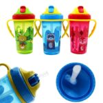 300 ml drinking cup with straw for children in green, blue and pink on white background with yellow handle