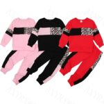 Pink, black and red leopard print kids jogging suit on white background