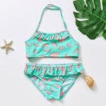 Girl's 2-piece watermelon print swimsuit in turquoise with starfish, plant and shell
