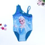 Elsa blue one-piece swimsuit with colored stars on white background
