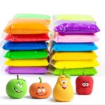 Super light 12-color modeling clay for children with apple, orange, banana and strawberry on a white background