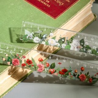 15 cm straight ruler with transparent flower design for children on a book in green