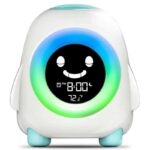 Alarm clock with nap timer for children with green and blue light on white background