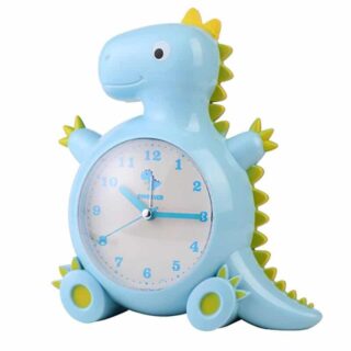 Children's alarm clock in the shape of a blue and green dinosaur on a white background