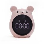 Multifunctional children's alarm clock in the shape of a pink digital mouse on a white background with black front