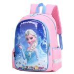 Snow Queen patterned backpack for girls in blue and pink with white background