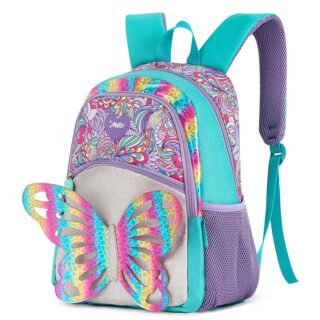 3D butterfly school backpack for girls, rainbow style on white background