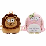 Children's stuffed animal backpack, brown lion and pink owl