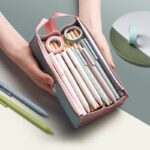 Leather pencil case for childrengreen and pink with green and blue pen