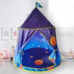 Blue, orange and purple magic galaxy tepee for a child's bedroom with pictures