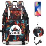 Fortnite USB waterproof backpack with game images and phone