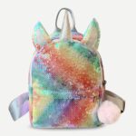 Colorful rainbow unicorn glitter backpack with pink ponpom