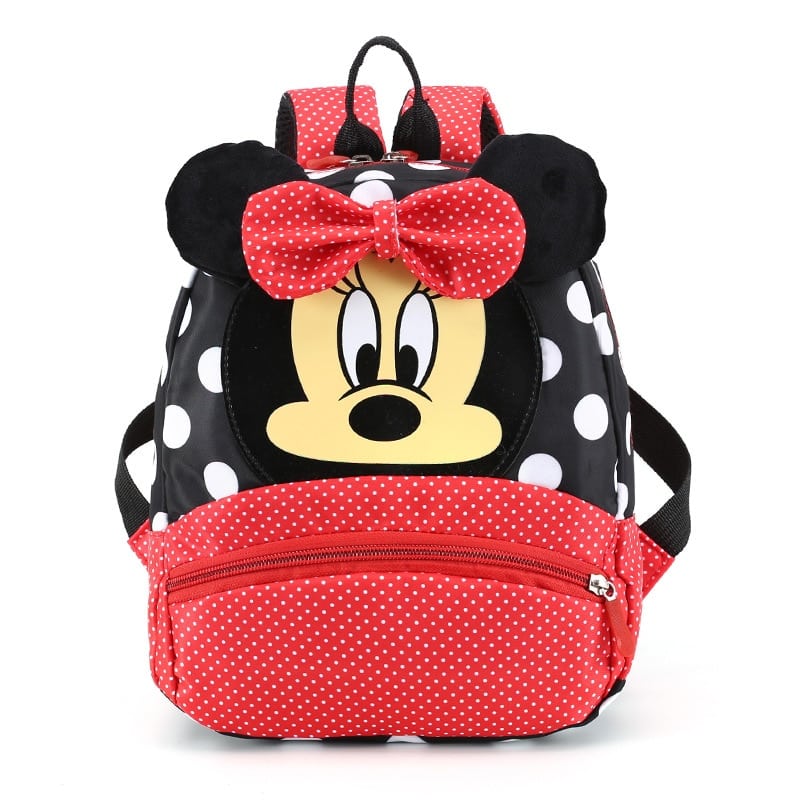 Children's Minnie backpack with red, black and white polka dots and red knotwork