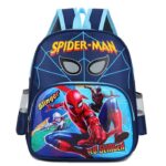 Spiderman web slinger backpack in blue with spider man eciture in yellow and red