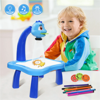 Drawing table with overhead projector in blue with smiling child and coloured pens