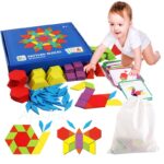 Colorful wooden educational puzzle with playing baby and blue box