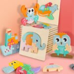 3D wooden puzzle for babies with colorful wooden animal shapes in front of a colorful wall