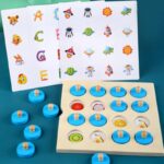3D puzzle, wooden memory games for children with blue pieces and patterned papers