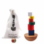 Colorful wooden construction toy with white bag
