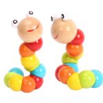 Colorful wooden 3D caterpillar puzzle with red smile