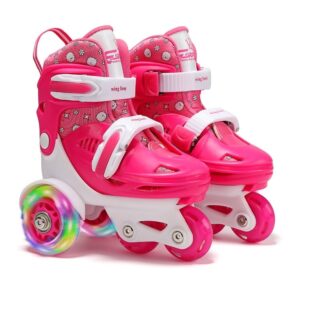 Adjustable children's rollerblades in pink and white with colored rear wheels