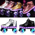 Sneaker-shaped roller skates. The skates come in different colors: white, black, pink, gold, etc. The skates feature a luminous strip and luminous wheels, and are rechargeable.
