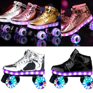 Sneaker-shaped roller skates. The skates come in different colors: white, black, pink, gold, etc. The skates feature a luminous strip and luminous wheels, and are rechargeable.