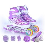 Purple and white children's roller skate shoes with rainbow wheel