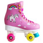 4-wheel unicorn skates for kids in pink with pink and yellow wheels