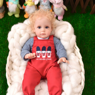 Granddaughter doll with red clothes on a white coat