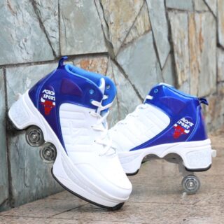 White and blue chicago bulls kids' shoes on wheels in front of a stone wall