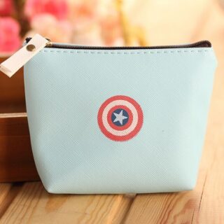 Coin purse with Captain America logo in blue on a wooden base