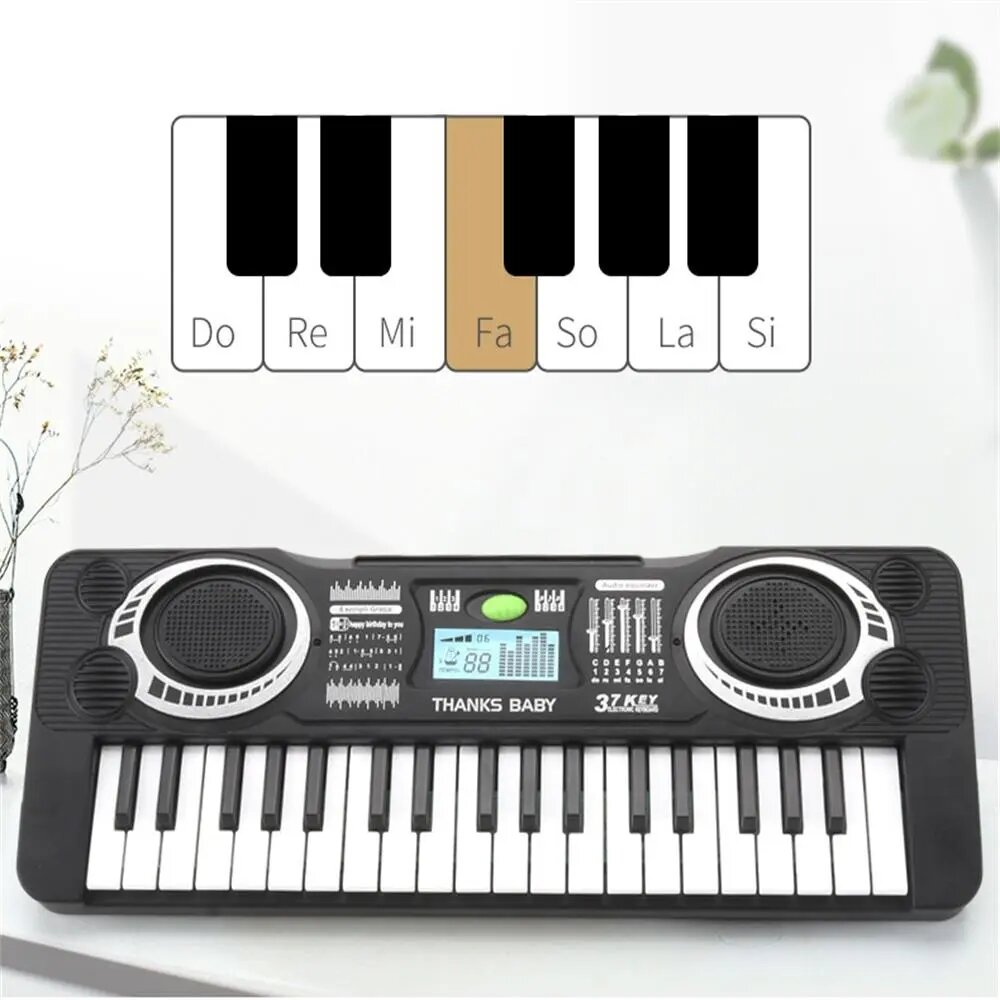 Un piano éléctrique pour enfant, au dessus il y a une représentation graphiques des touches avec les notes de musique indiquées