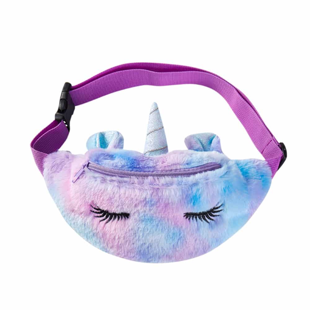 Colorful plush unicorn bag with closed eyes