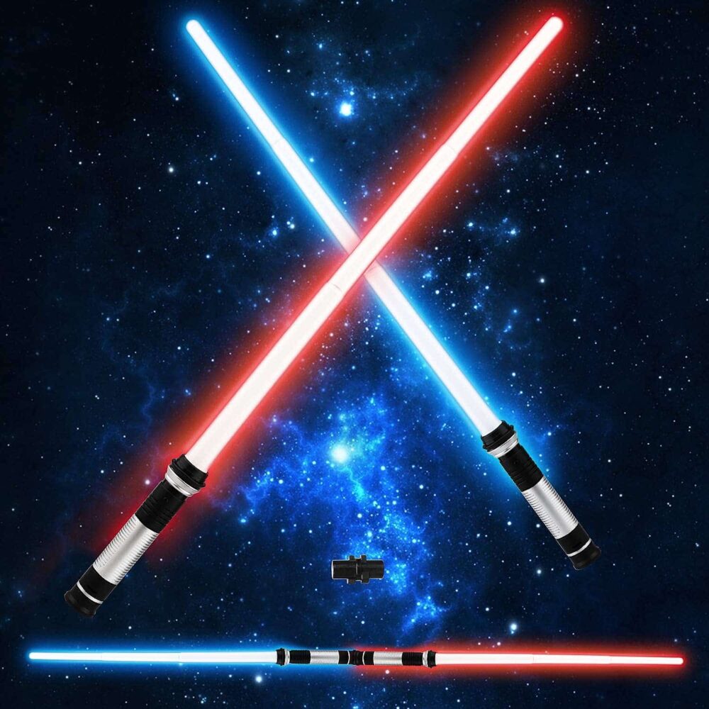 Star Wars red and blue lightsaber with space sky background