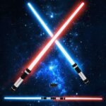 Star Wars red and blue lightsaber with space sky background