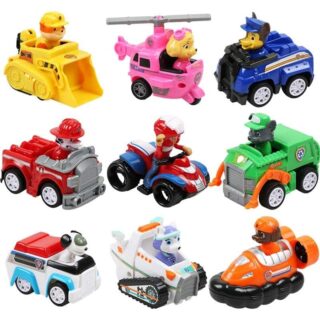 Set of nine Pat Patrouille vehicles, including a fire truck, helicopter, police car, backhoe loader and more. The vehicles are colored to match the Patrouille characters. In these vehicles you'll find every character, including Chase, Marcus, Stella and Rubben.