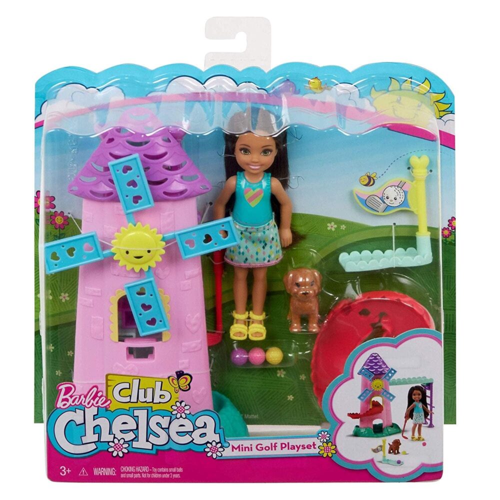 Barbie club chelsea golf course with pink and blue mill and golf accessories