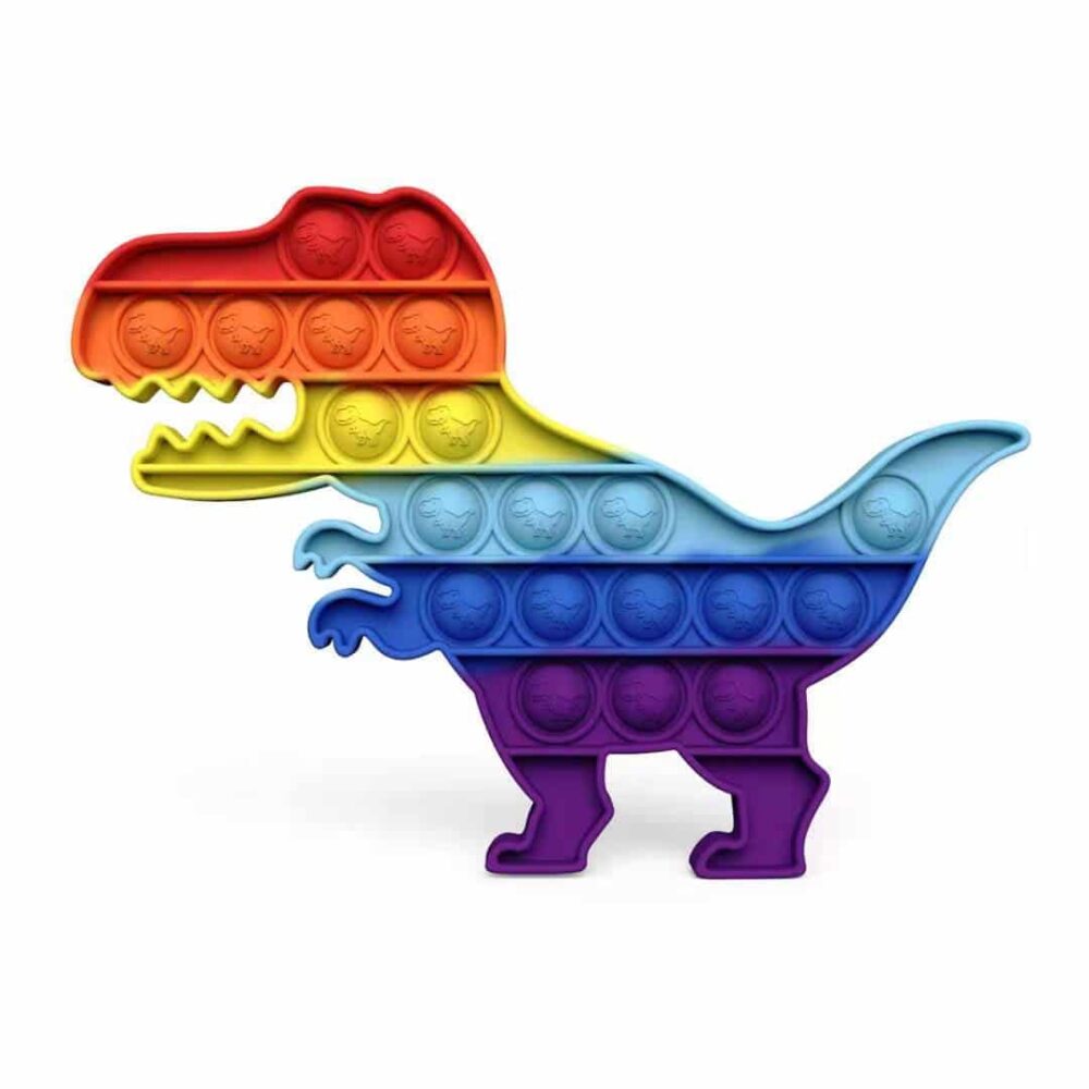 Rainbow anti-stress toys with dinosaur motif on white background