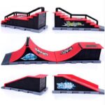 Skate park finger ramp parts for children in red and black on a white background