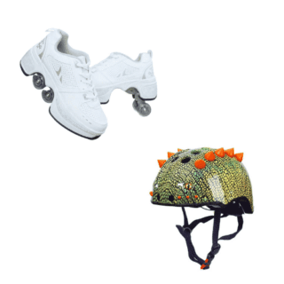 Roller tennis pack + boy's helmet in white and helmet with sequins