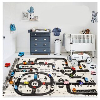 black and white car play mat in a child's bedroom