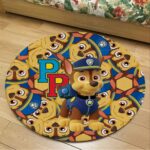 Blue Pat'Patrouille round non-slip flannel floor mat with chase pattern in blue and brown