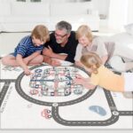 family playing together with a play mat with car circuits
