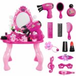 Pink dressing table with mirror and accessories for children