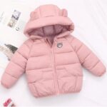 Soft and warm hooded down jacket for children with bear motif on pink jacket with ears in the hood