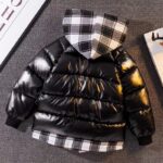 Children's waterproof hooded jacket with check pattern in black