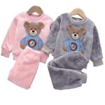 Cute teddy bear fleece pyjamas for kids in pink and grey